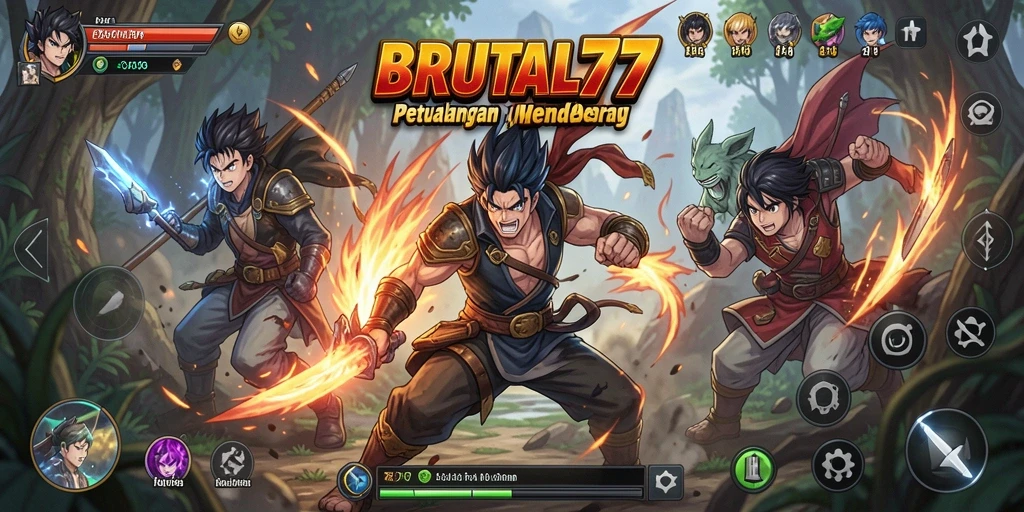Screenshot gameplay BRUTAL77 menampilkan karakter anime dalam pertarungan yang mendebarkan.