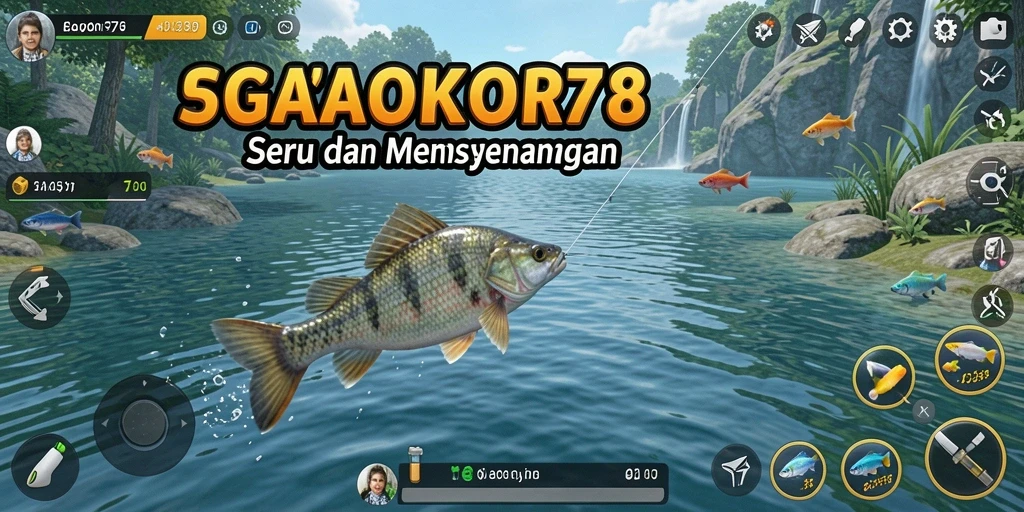 Screenshot GACOR78 menunjukkan pemain sedang menangkap ikan di danau yang indah.