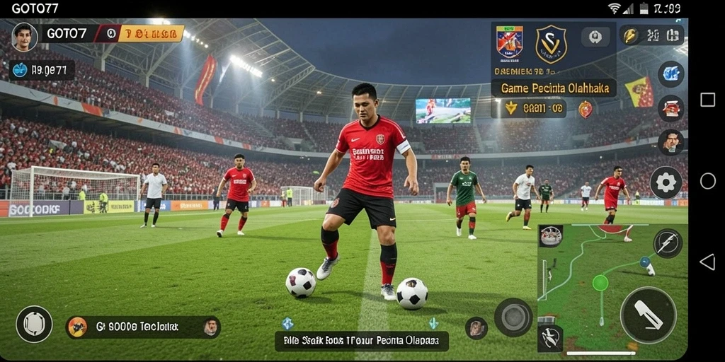 Screenshot dari gameplay GOTO77 yang menampilkan lapangan sepak bola yang dinamis.