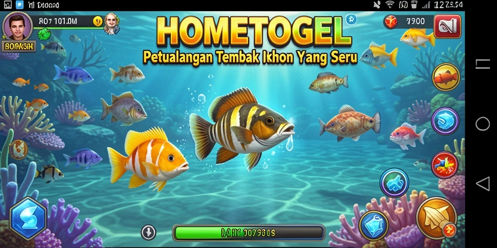 Tampilan gameplay HOMETOGEL menampilkan aksi seru menangkap ikan.