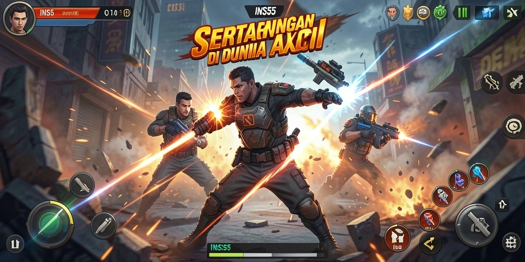 Tampilan gameplay aksi dari INS55 dengan pertarungan yang mendebarkan.