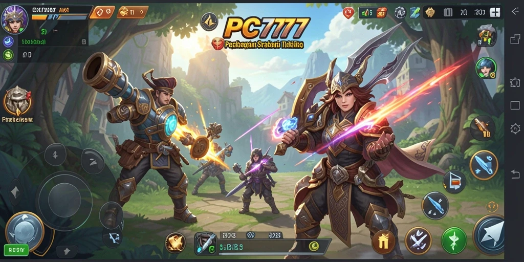 Screenshot gameplay menunjukkan strategi dan pertempuran dalam PC777.