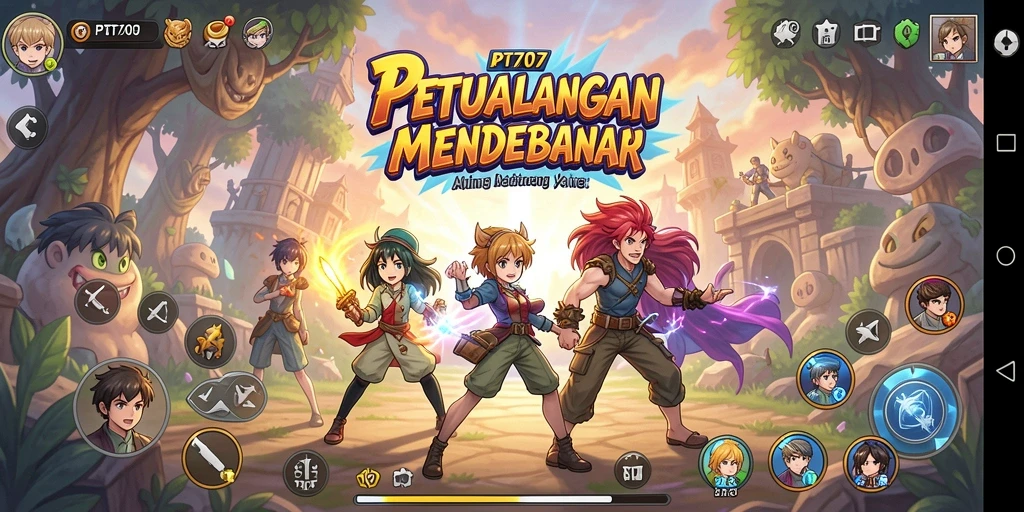Tampilan gameplay PT707 dengan karakter anime yang kaya warna.