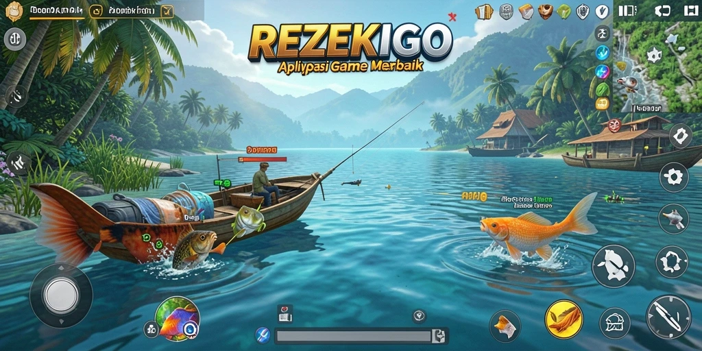 Screenshot gameplay REZEKIGO menunjukkan aksi seru saat memancing.