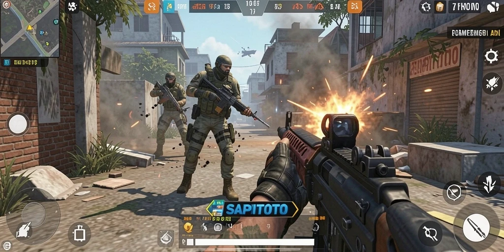 Tampilan gameplay seru di SAPITOTO dengan aksi tembak-menembak intens.
